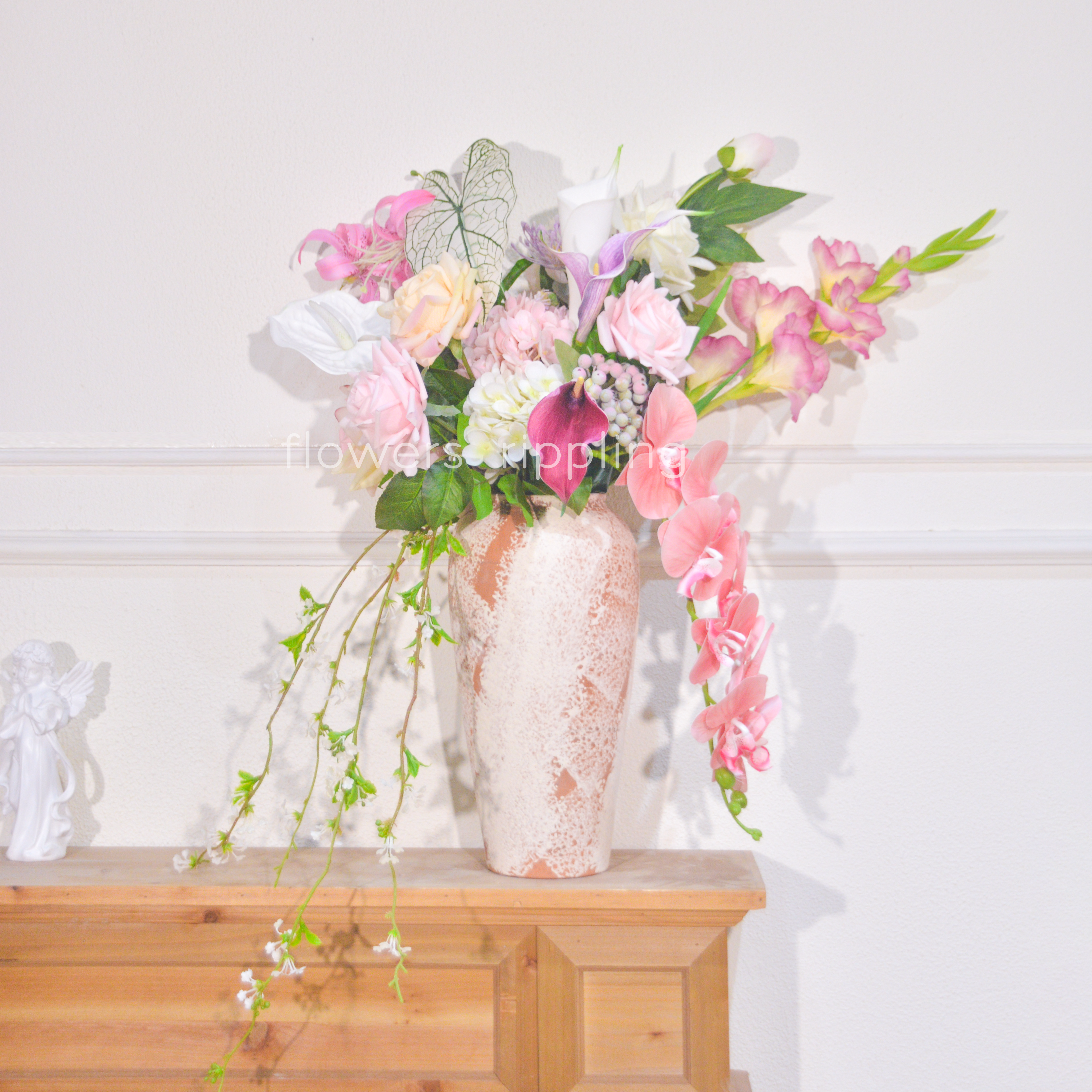 Original design of simulated pink and multi-color vase floral art (excluding vases)