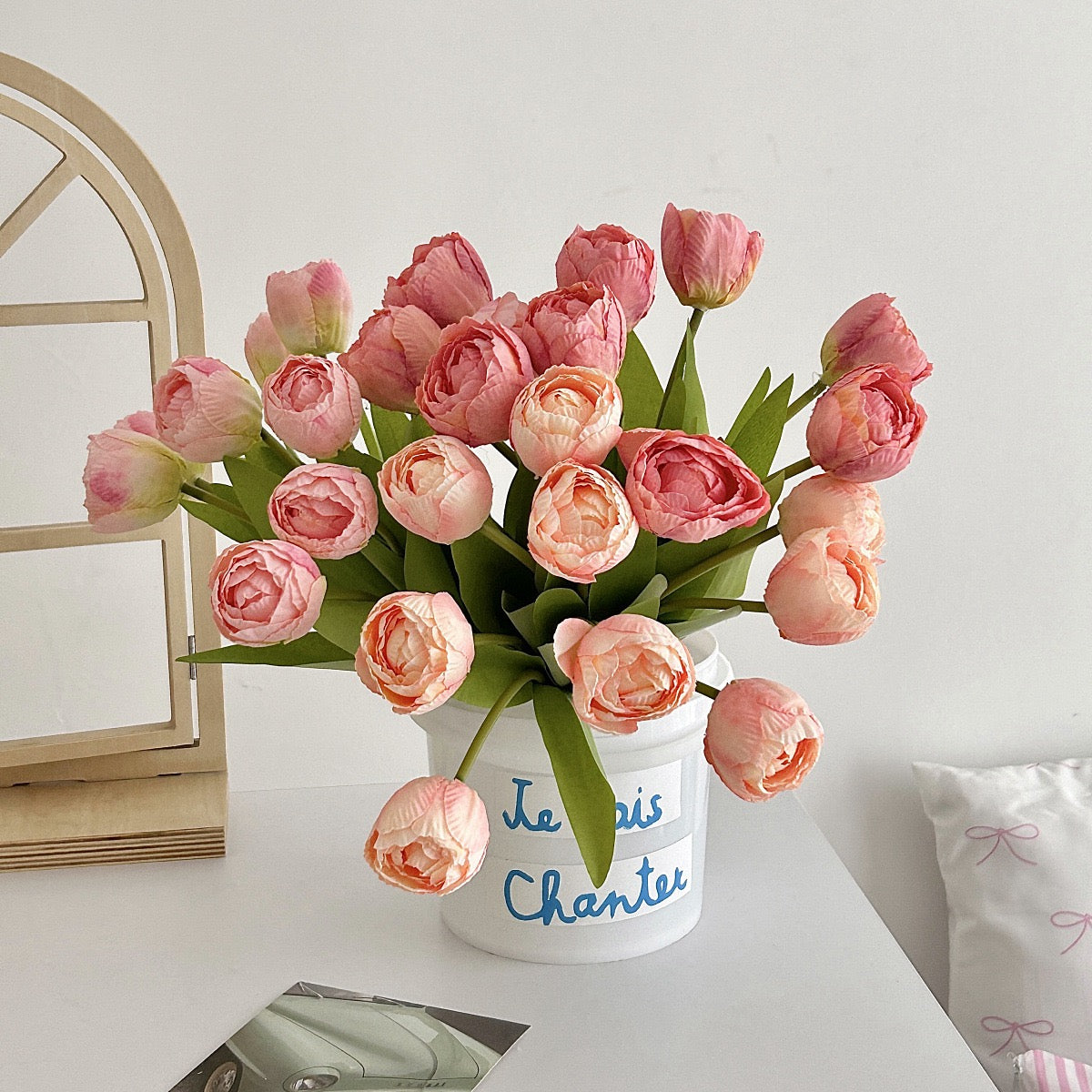 Artificial Multiflower Tulips with Burnt Edges (Set of 9, Vase Not Included)