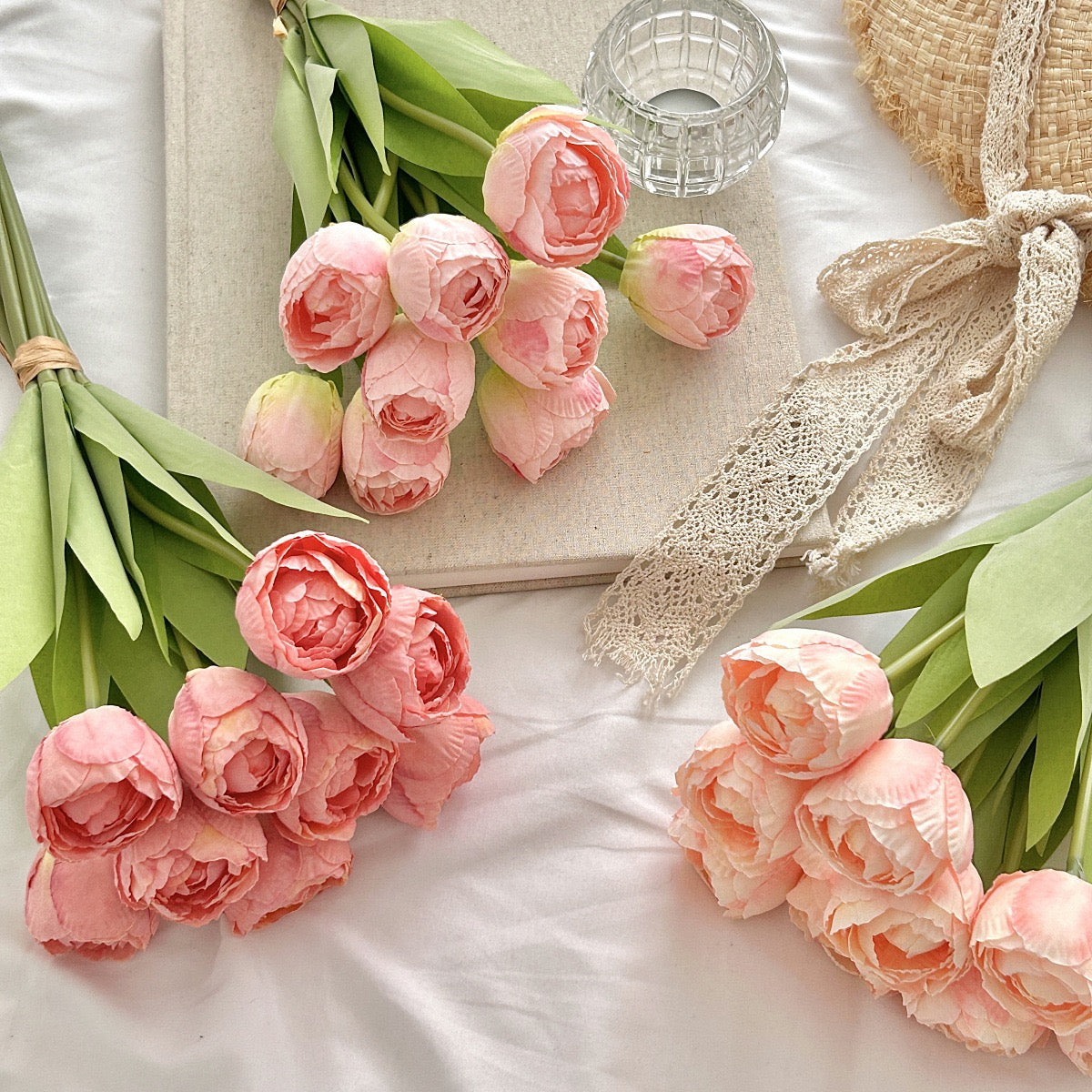 Artificial Multiflower Tulips with Burnt Edges (Set of 9, Vase Not Included)