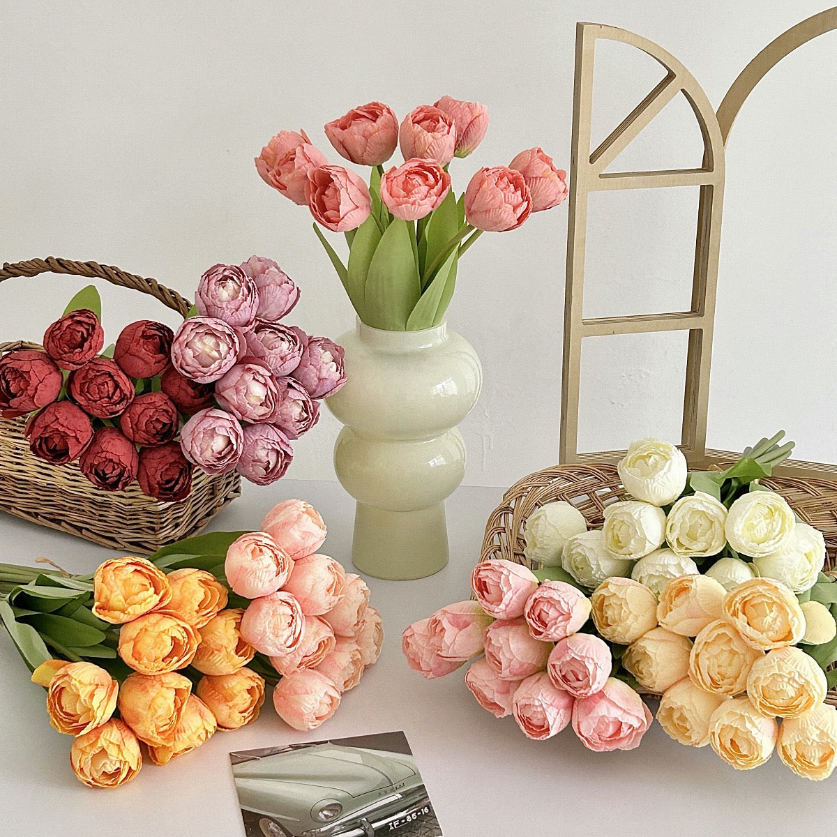 Artificial Multiflower Tulips with Burnt Edges (Set of 9, Vase Not Included)