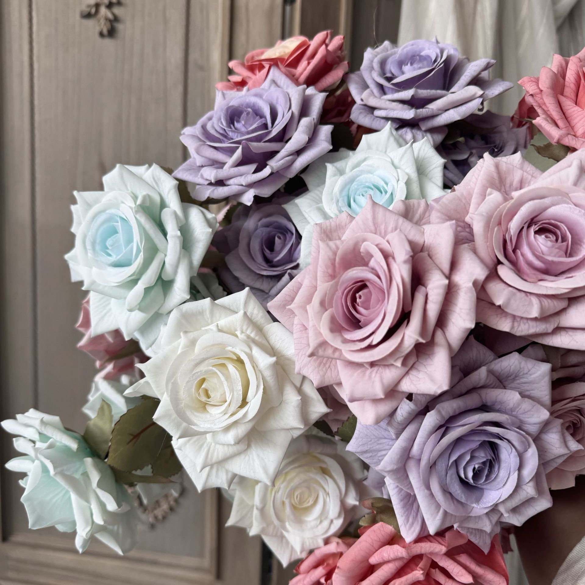 Three-headed rose ponytail Tiffany blue high-end artificial flowers (6 stems per set, total 18 heads)