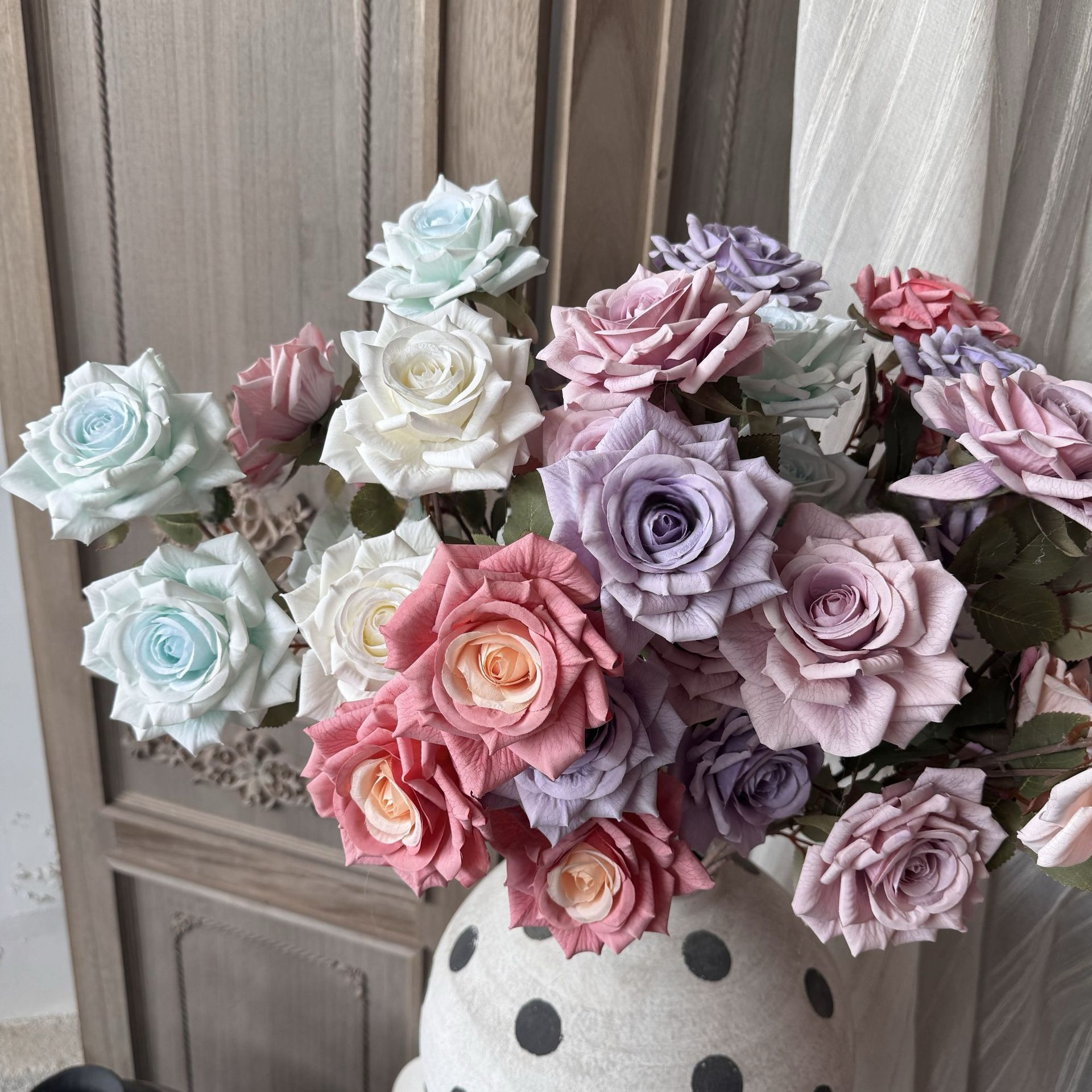 Three-headed rose ponytail Tiffany blue high-end artificial flowers (6 stems per set, total 18 heads)