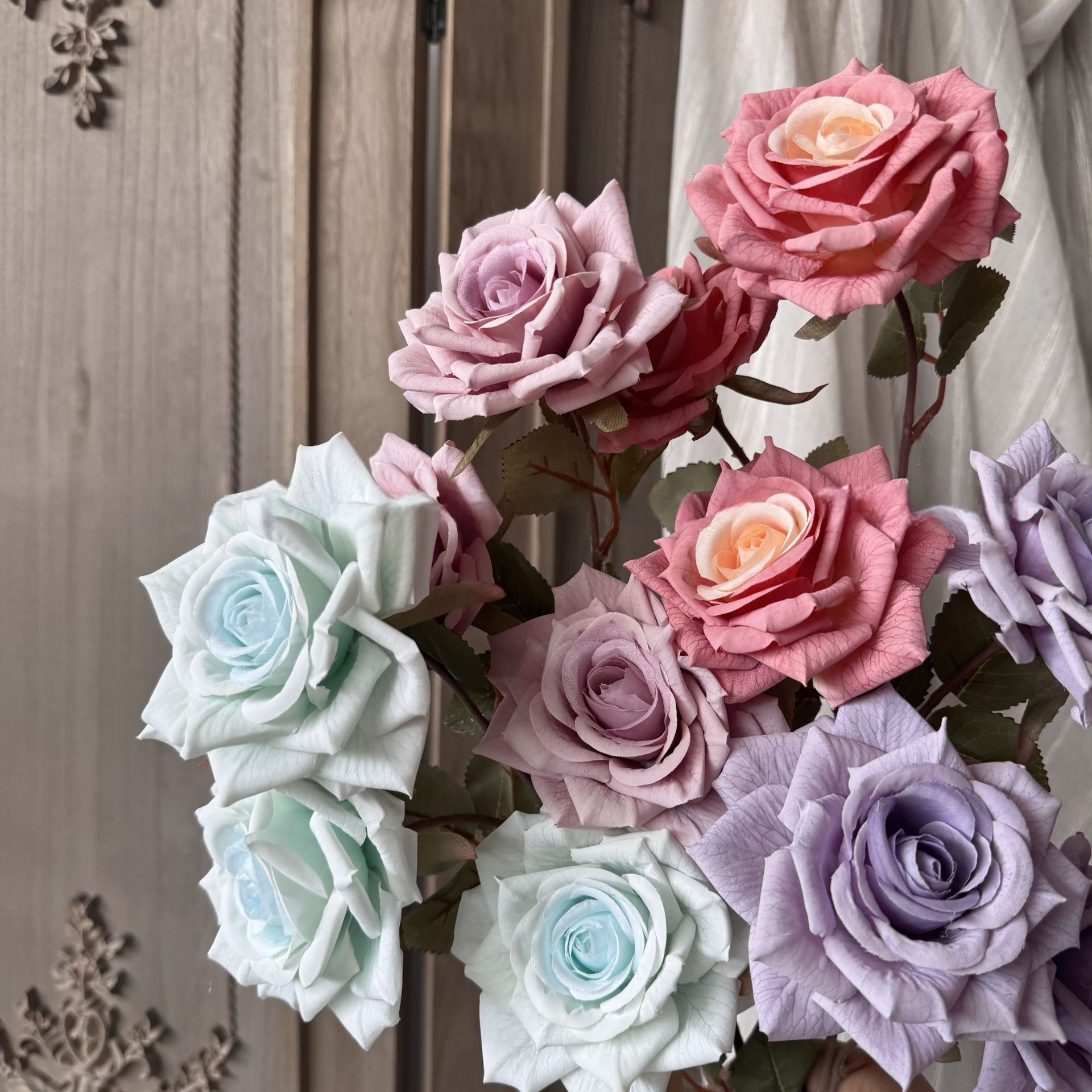 Three-headed rose ponytail Tiffany blue high-end artificial flowers (6 stems per set, total 18 heads)